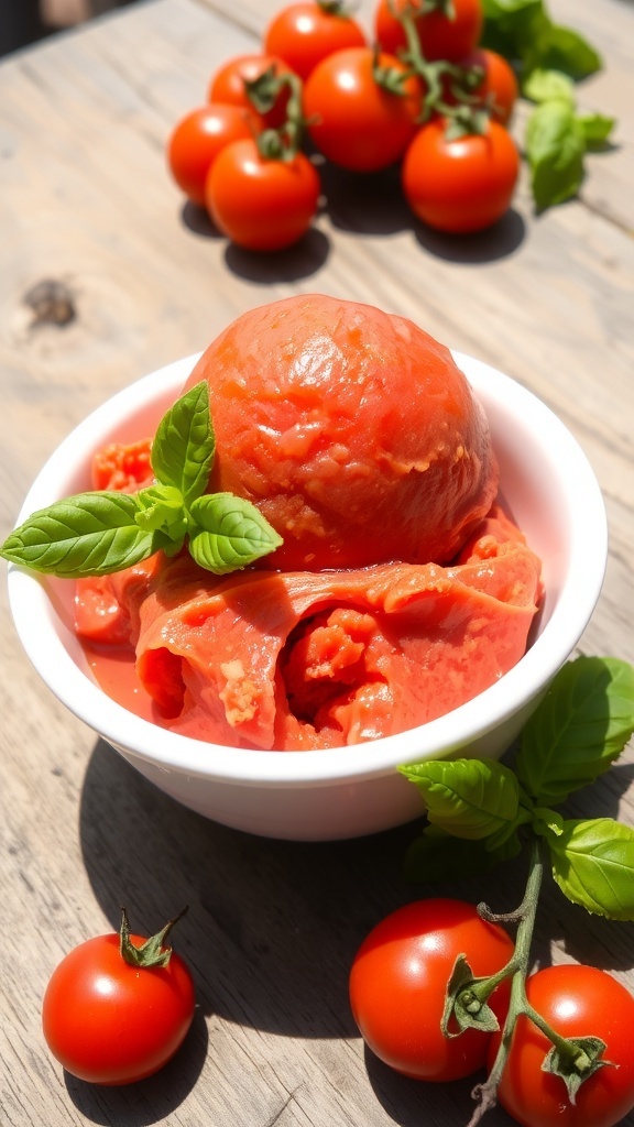 A bowl of tomato ice cream garnished with basil leaves and cherry tomatoes on a rustic table.